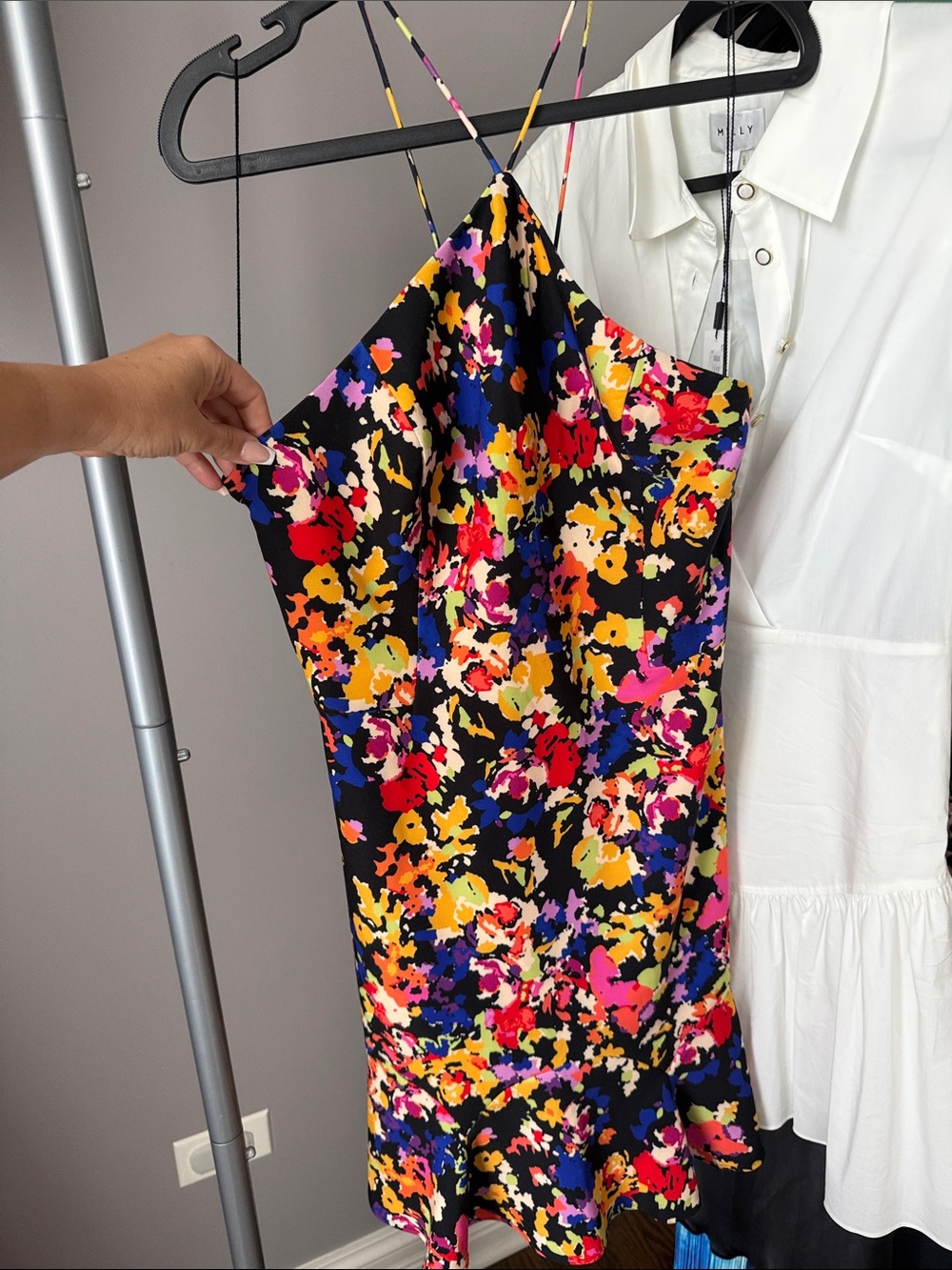 Aidan Mattox Black Floral Slip Dress with Multicolor Floral Straps